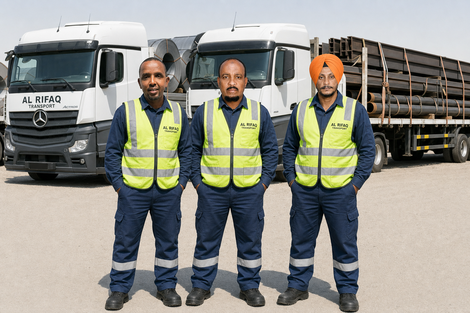 AL RIFAQ professional driver team 1 in safety uniforms beside a truck