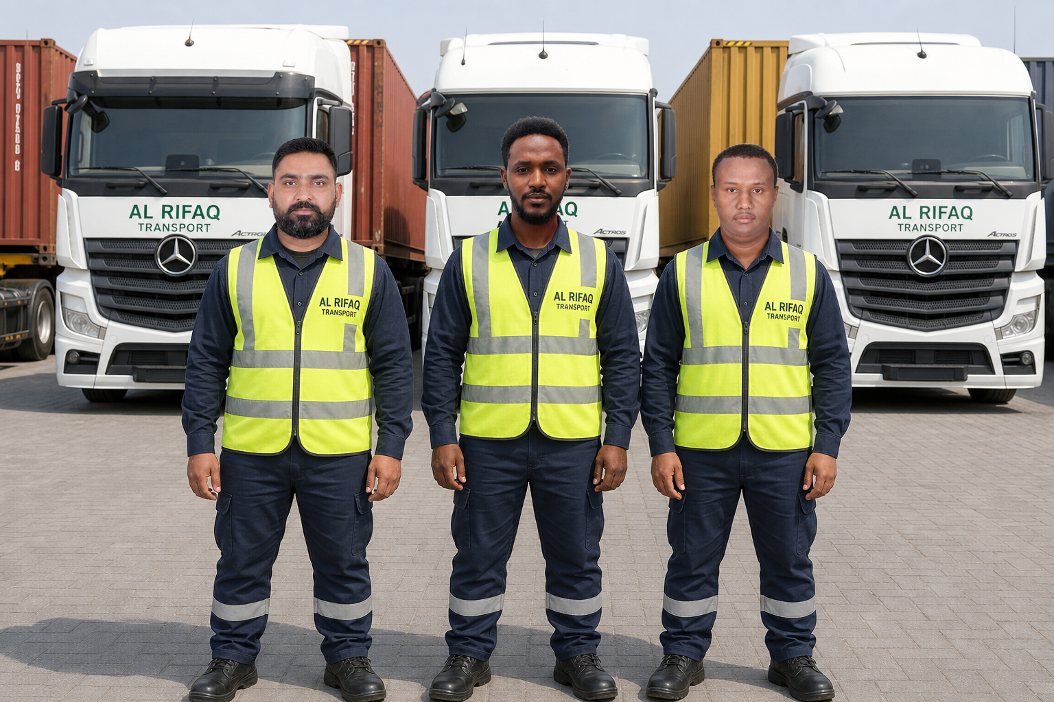AL RIFAQ professional driver team 2 in safety uniforms beside a truck