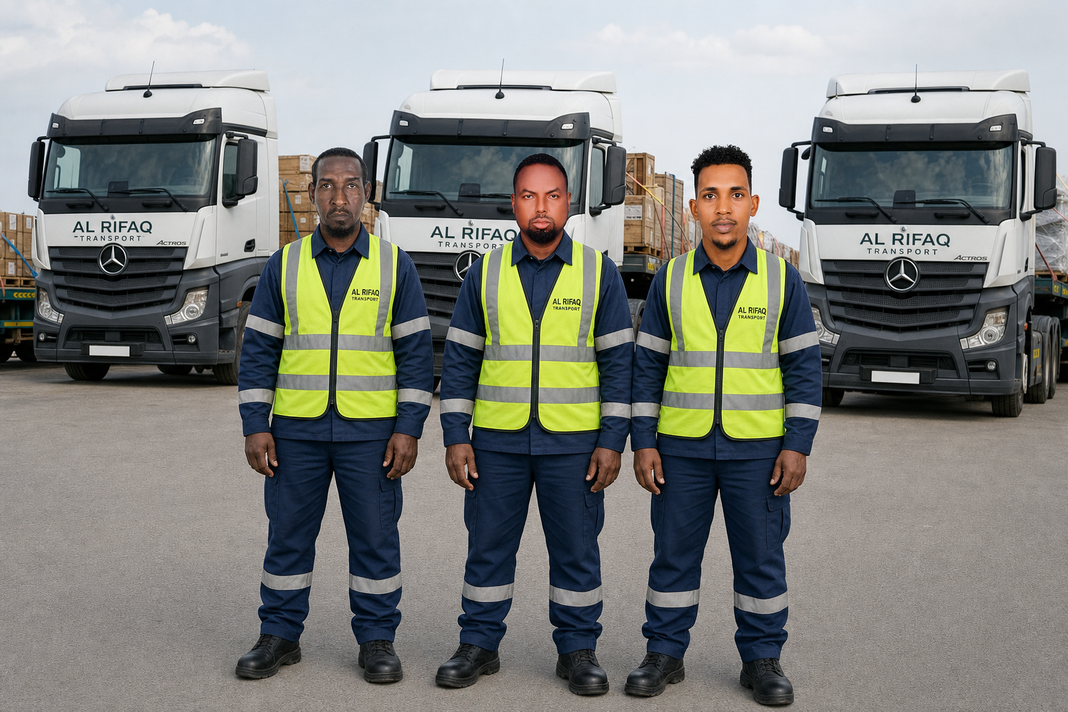 AL RIFAQ professional driver team 3 in safety uniforms beside a truck