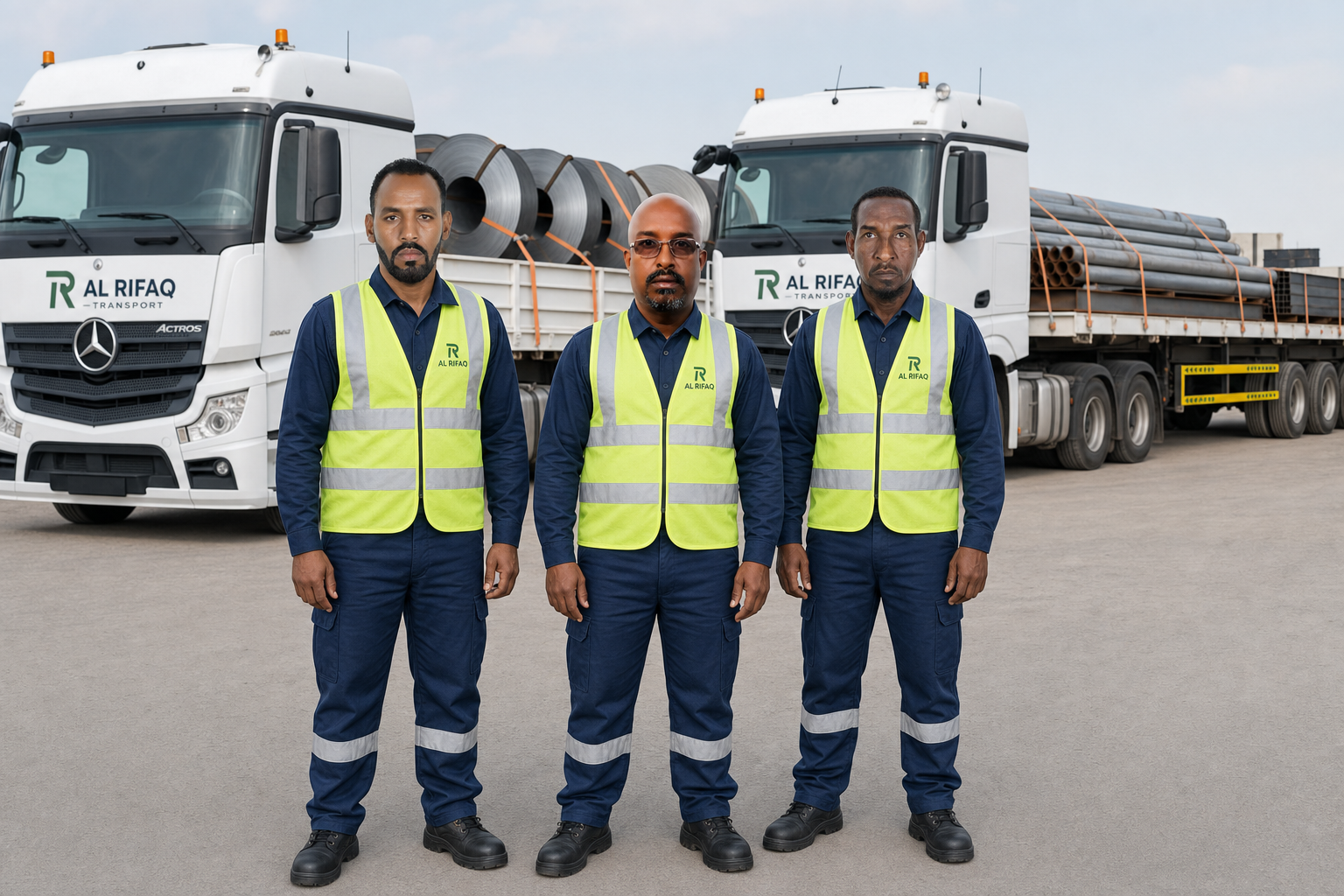 AL RIFAQ professional driver team 4 in safety uniforms beside a truck