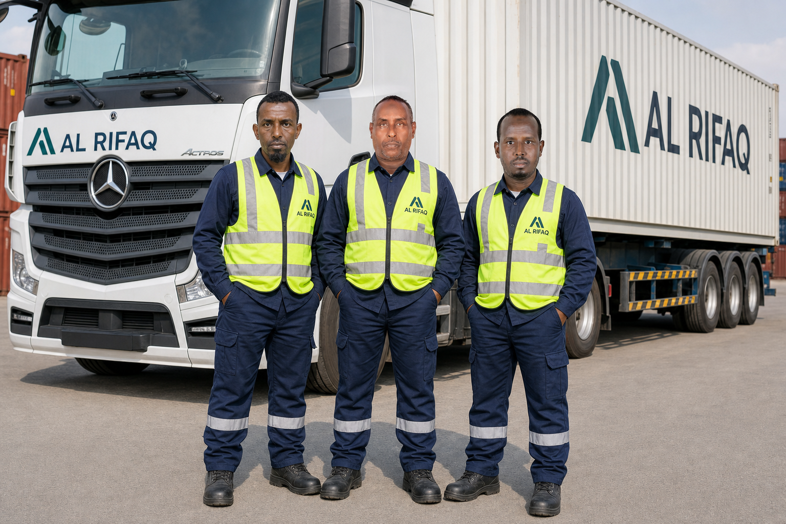 AL RIFAQ professional driver team 5 in safety uniforms beside a truck