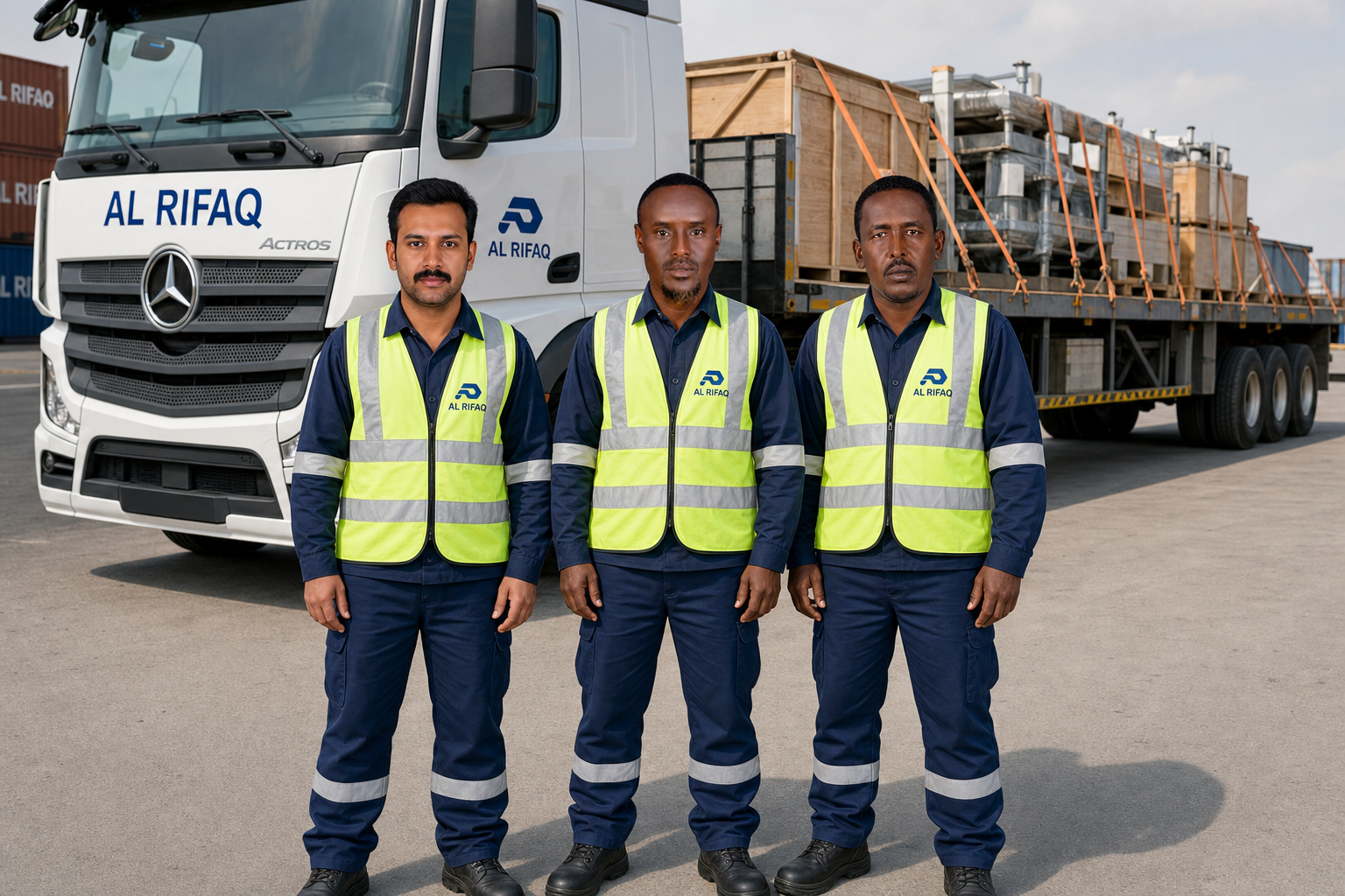 AL RIFAQ professional driver team 6 in safety uniforms beside a truck